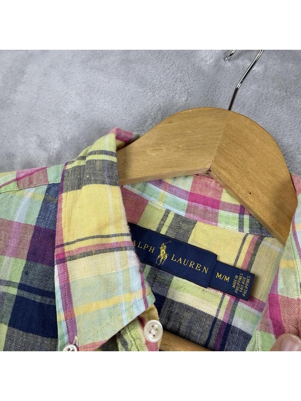 Polo Ralph Lauren Plaid Linen Button Up Shirt Men Medium Preppy Coastal prep Ivy - Picture 4 of 8